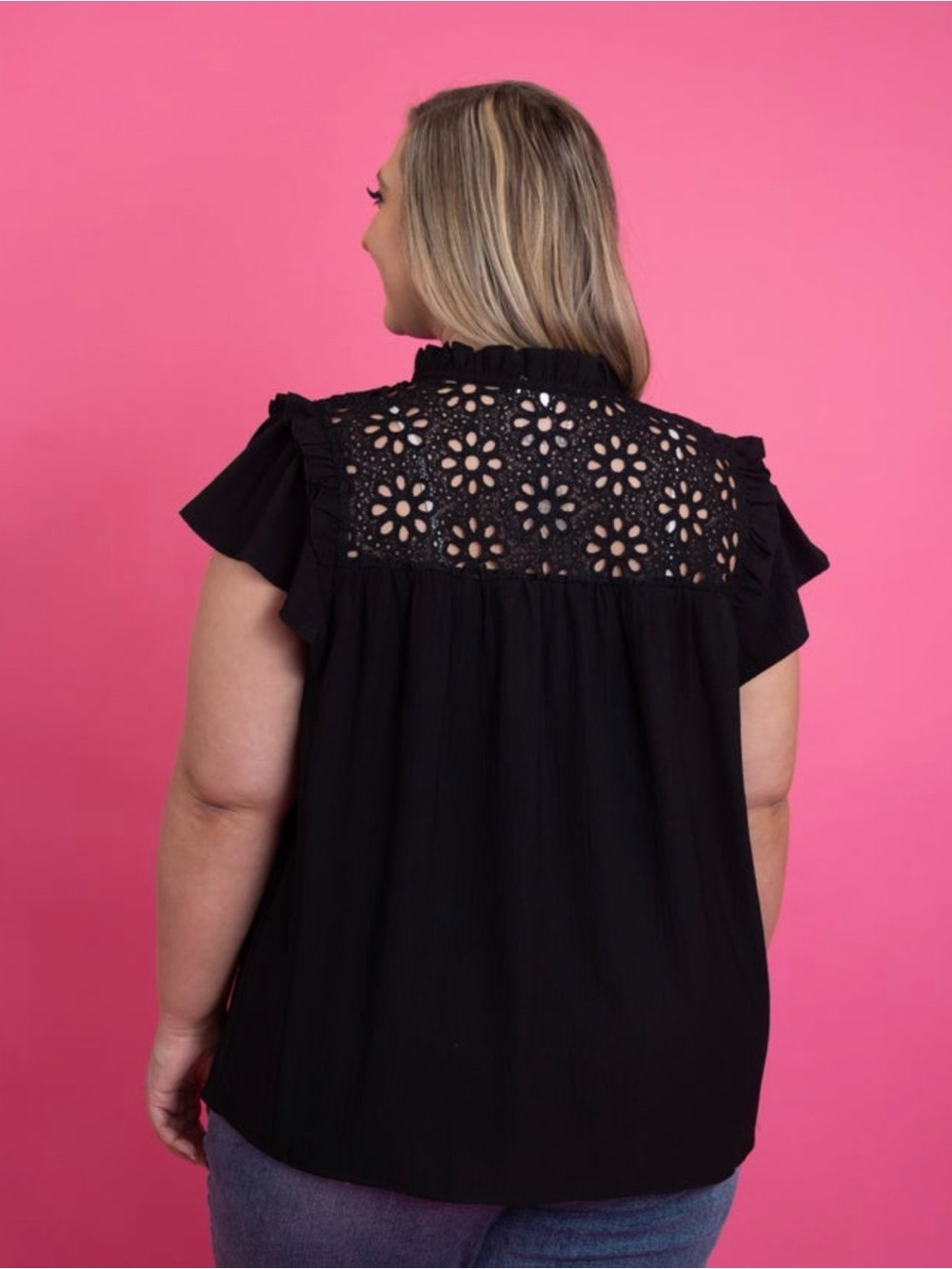 Oddi Eyelet Flutter Sleeve Top - Black - Picture 2 of 3